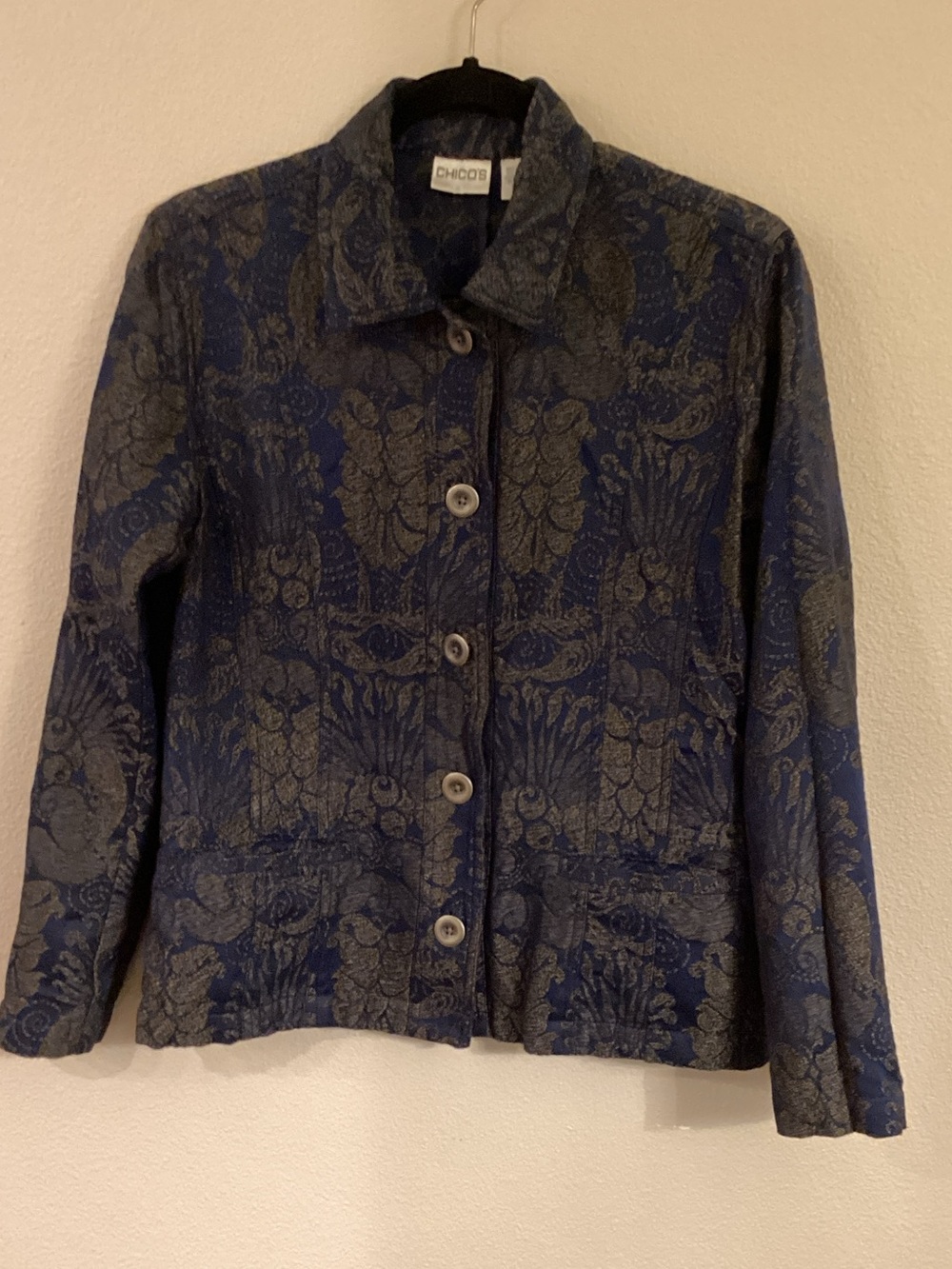 Chico's Navy and Brown  Patterned Button-Up Jacket
